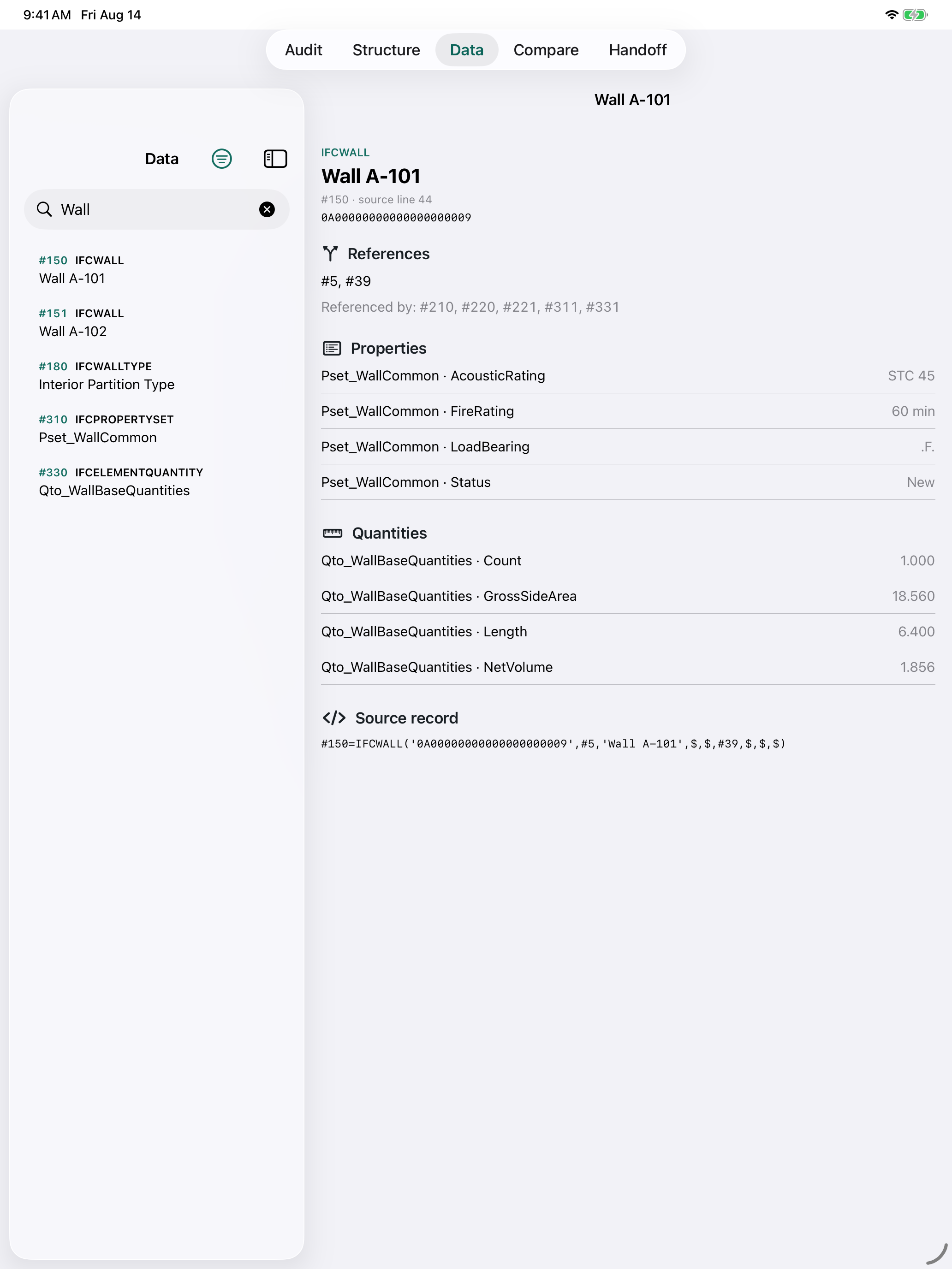 Ifcledger showing a wall's IFC properties, quantities, references, and source record on iPad