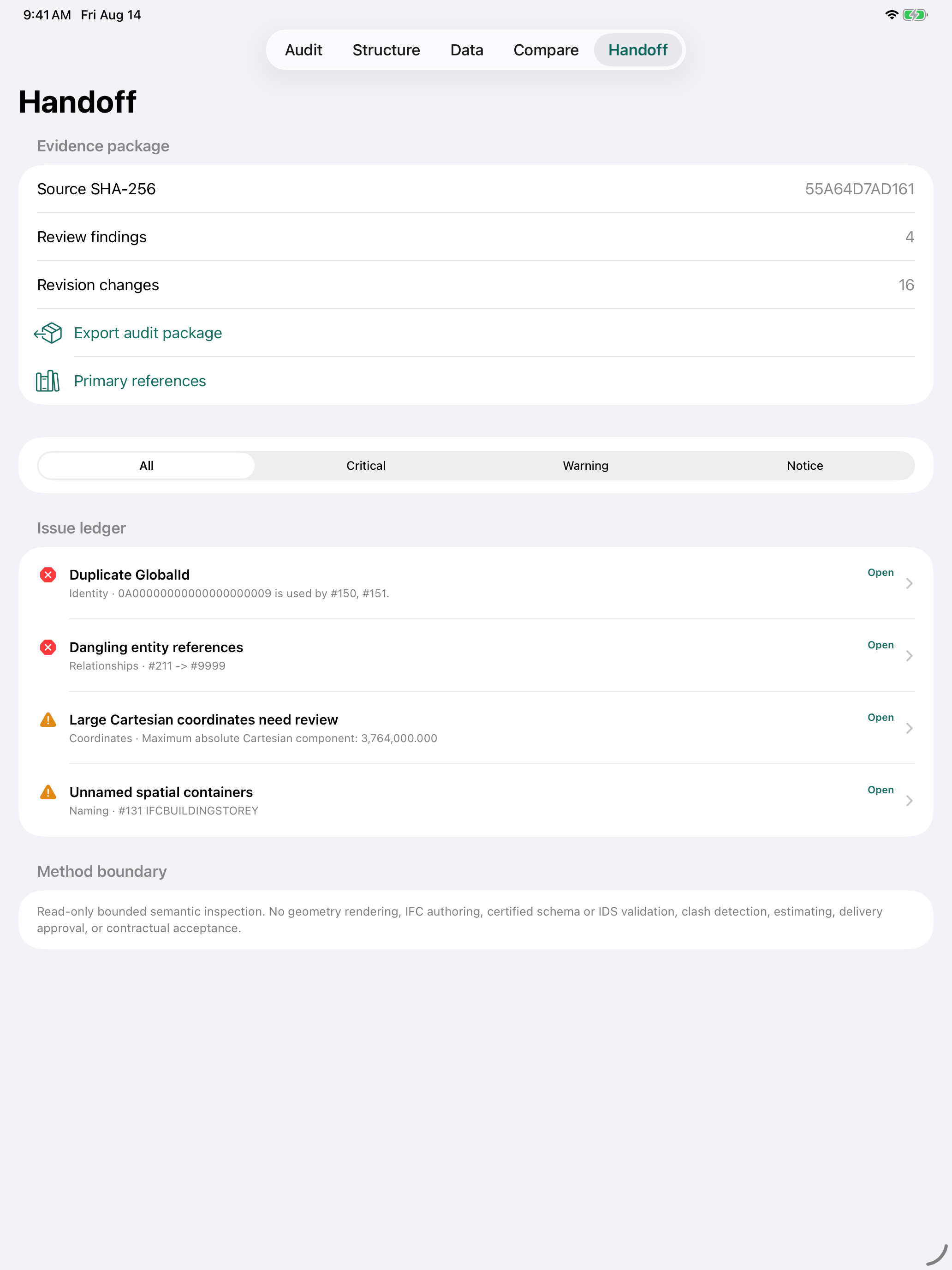 Ifcledger evidence handoff workspace on a 13-inch iPad