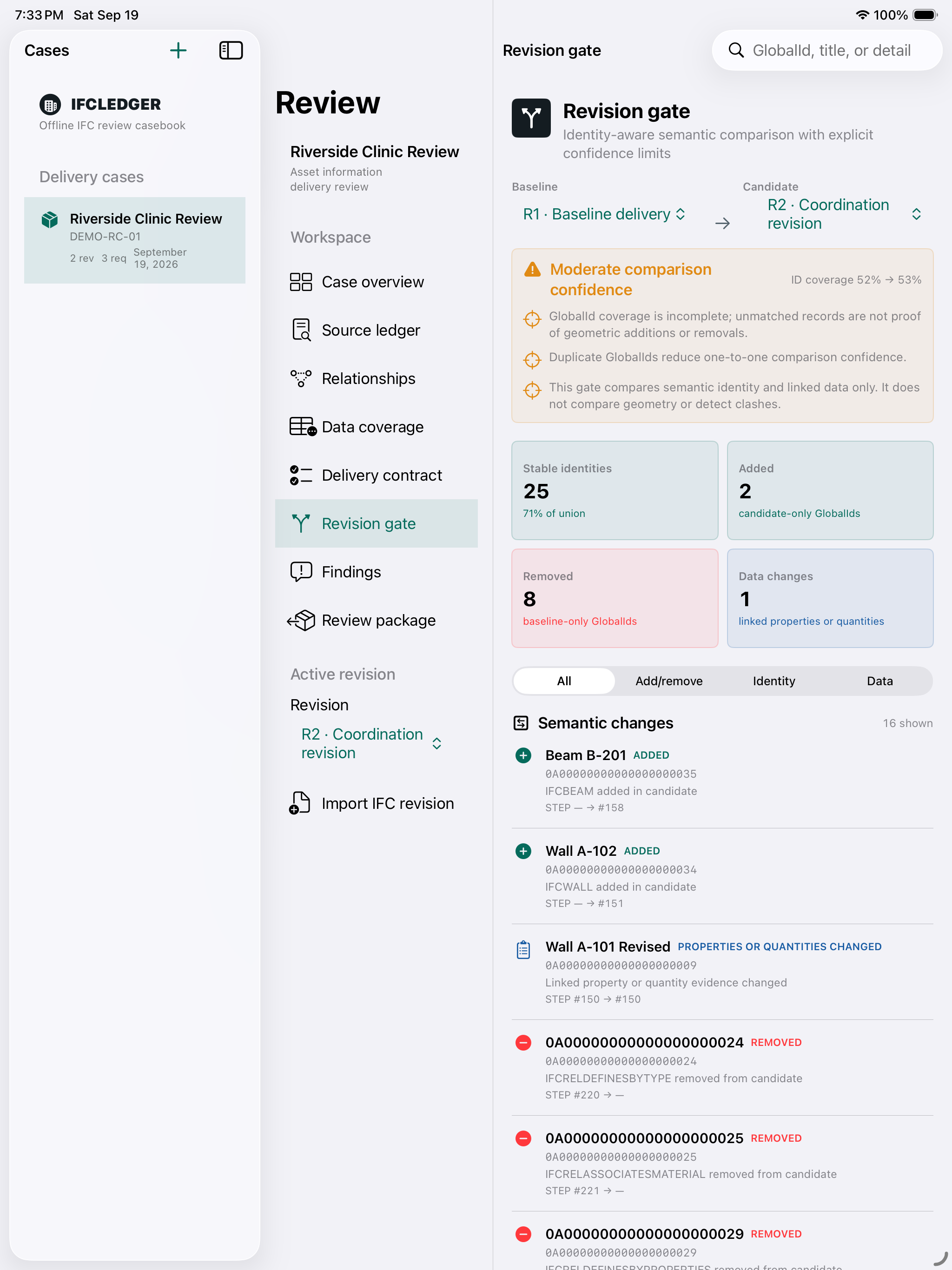 Ifcledger comparing two preserved IFC revisions with a visible confidence explanation on iPad