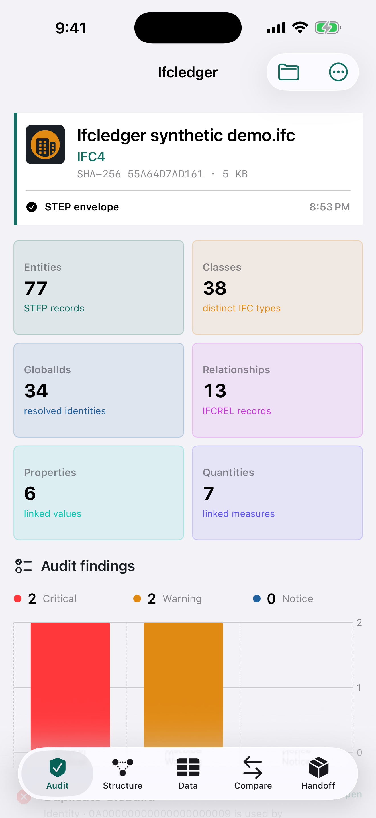 Ifcledger audit dashboard on iPhone