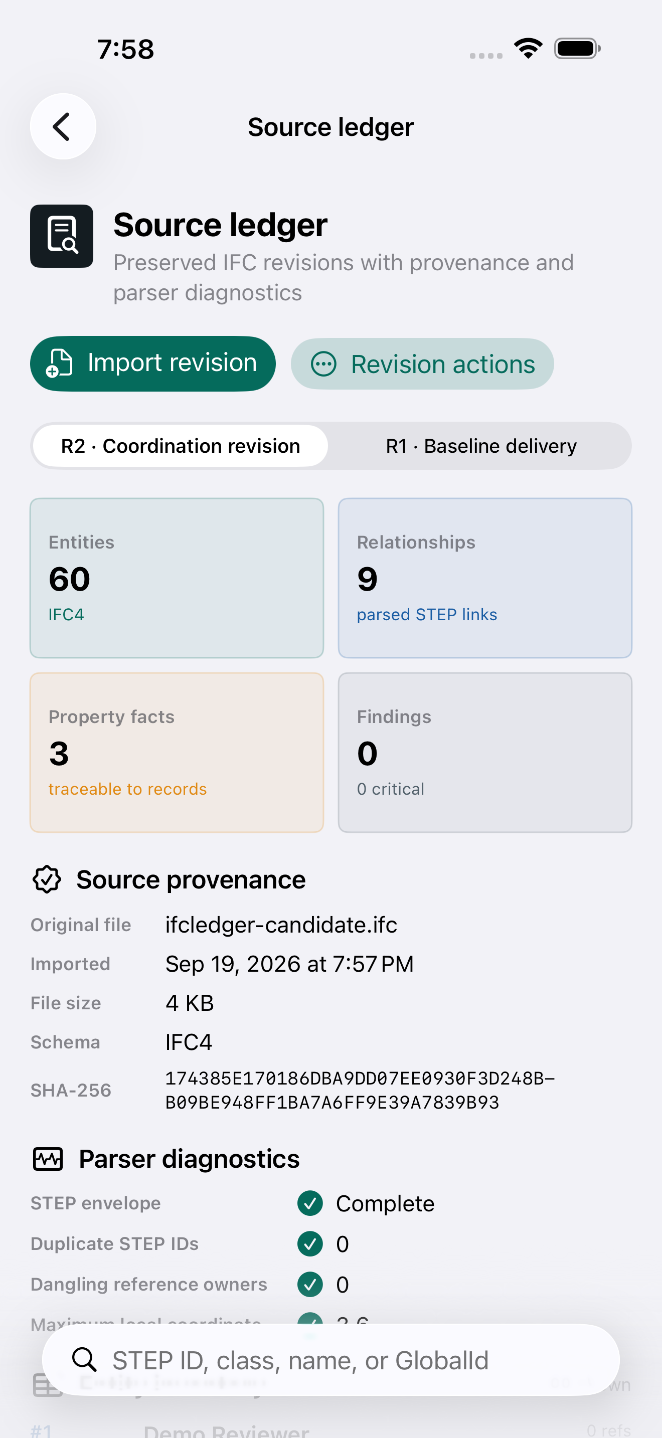 Ifcledger source provenance and parser diagnostics on iPhone