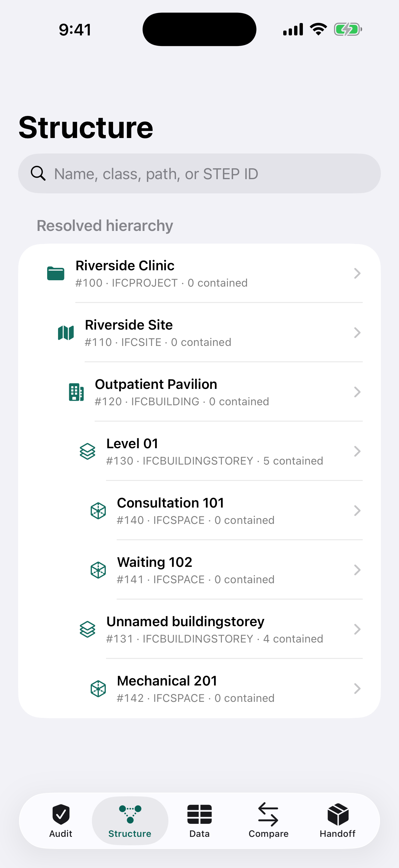 Ifcledger resolved IFC spatial hierarchy on iPhone