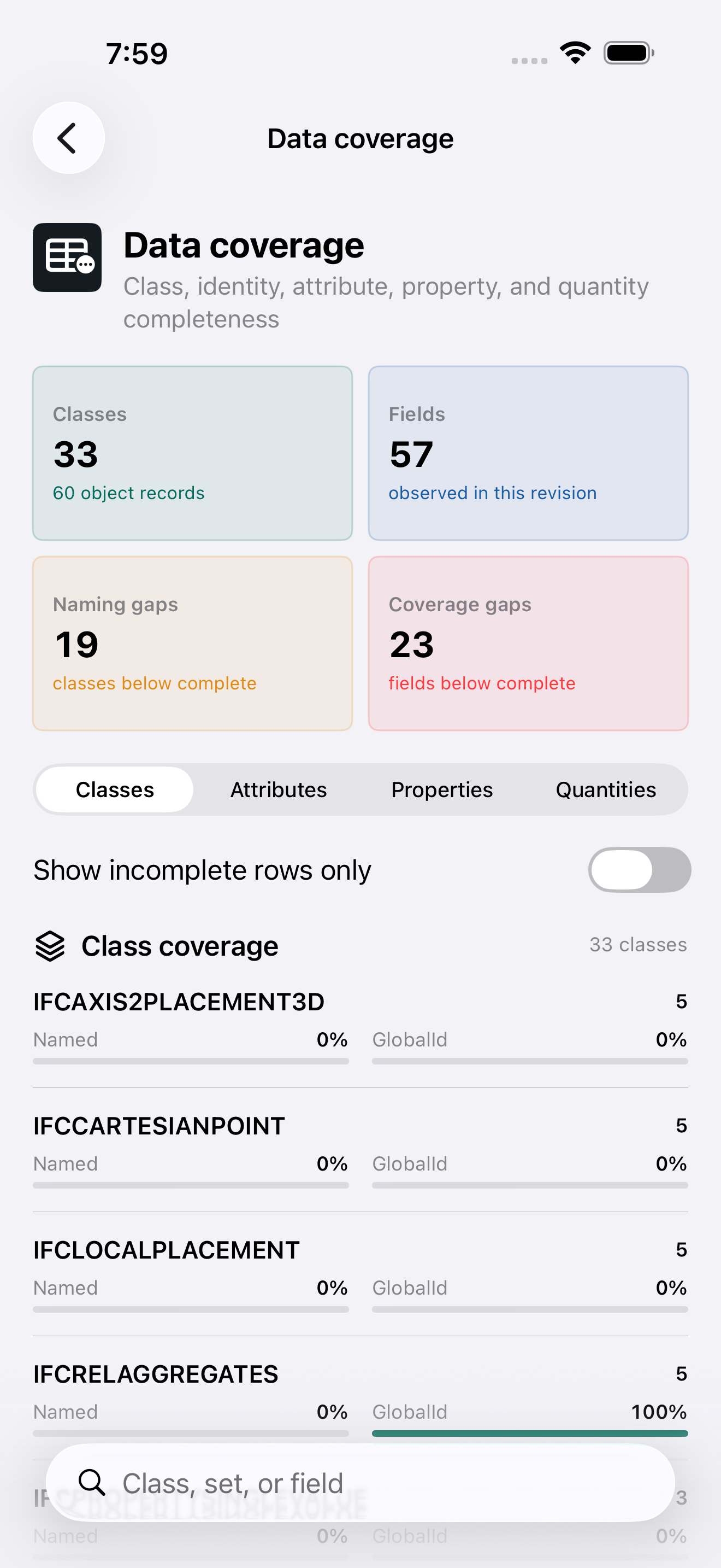 Ifcledger IFC data coverage workbench on iPhone
