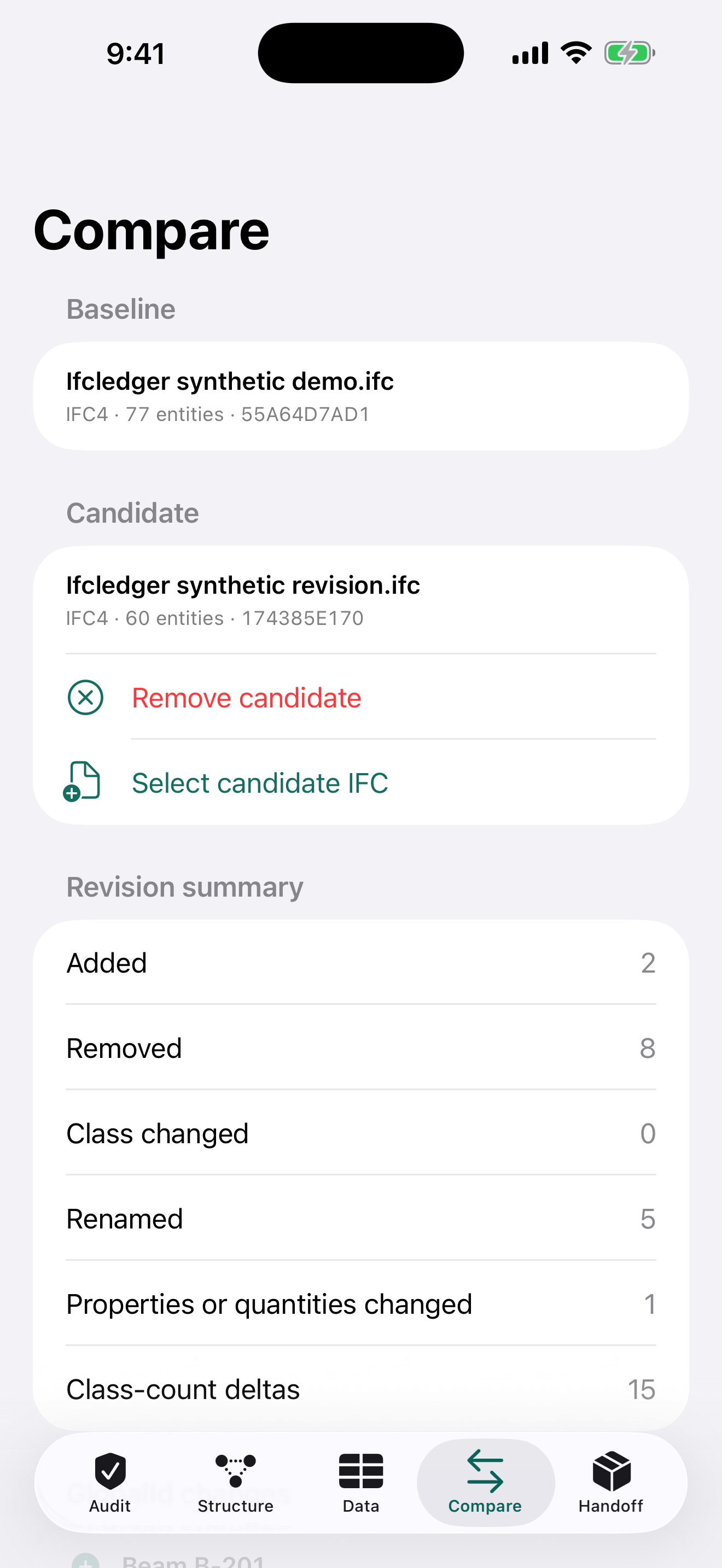 Ifcledger IFC revision comparison on iPhone