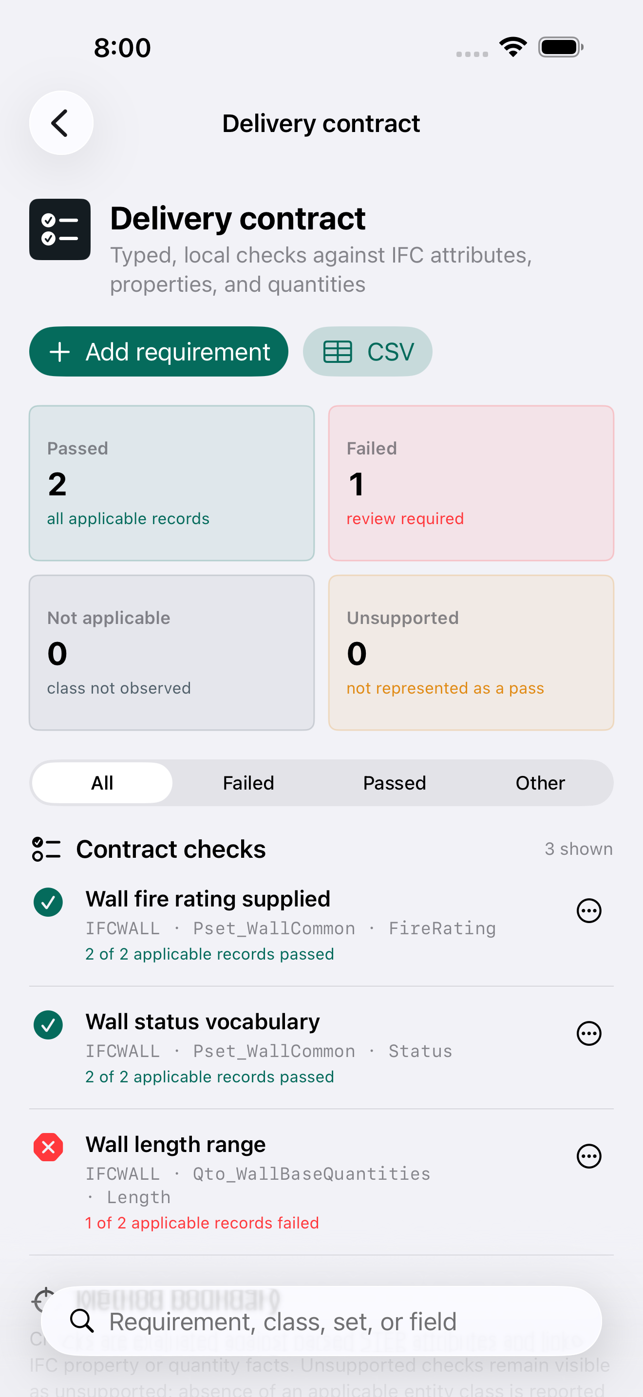Ifcledger typed IFC delivery checks on iPhone