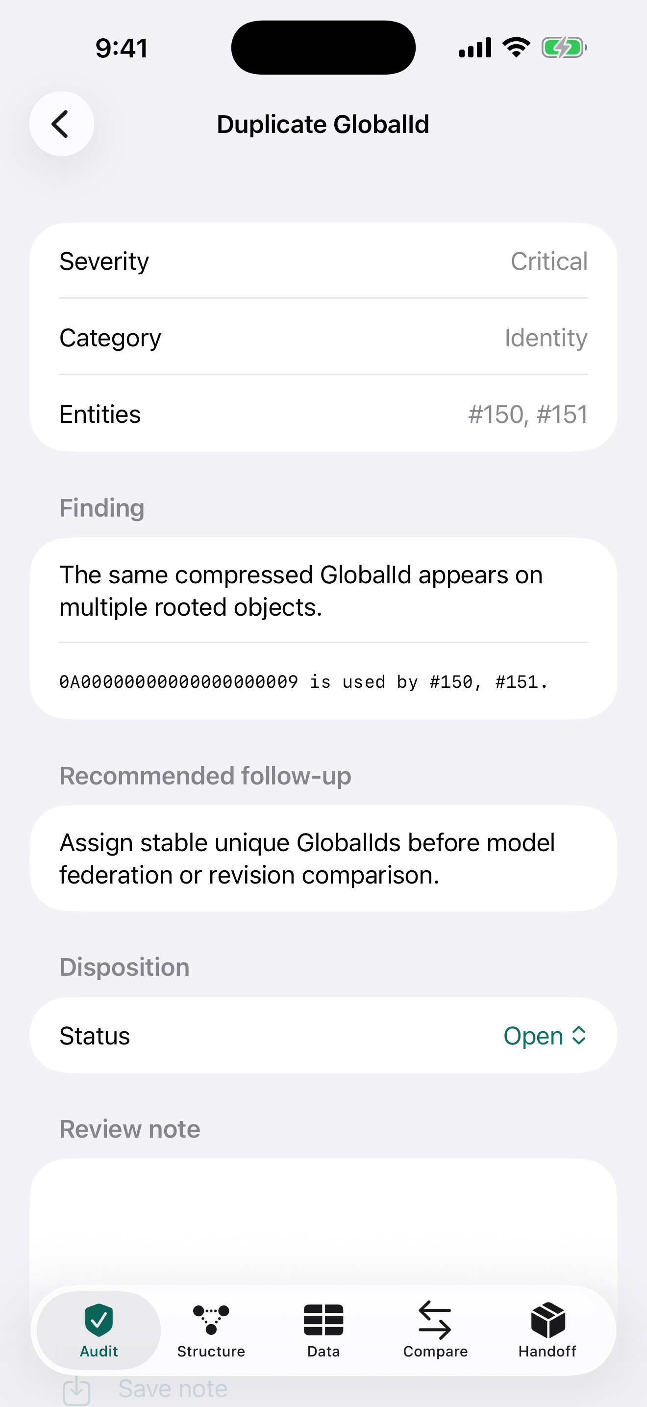 Ifcledger finding detail and local disposition on iPhone